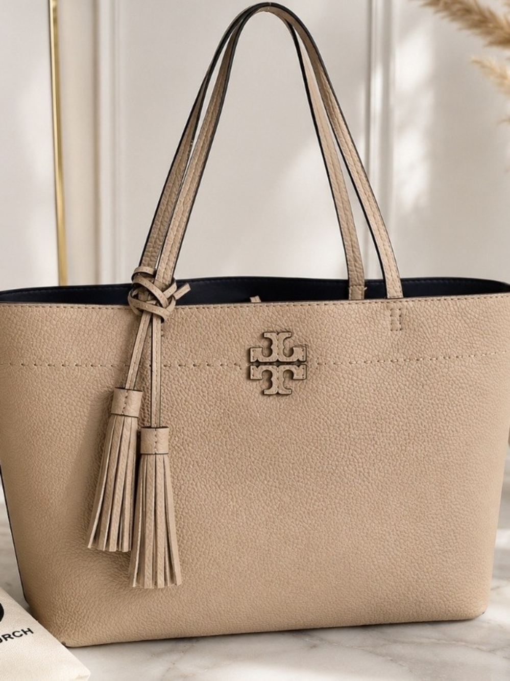 Tory Burch Beige Leather Tote Bag with Tassels